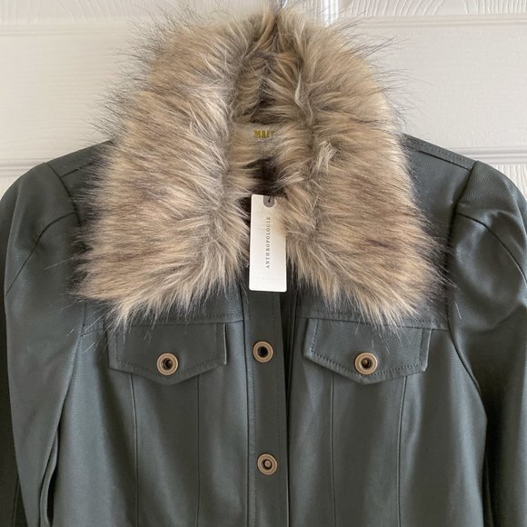 NWT 🔖 Anthropologie Green Faux Leather Jacket w/ Removable Faux Fur Collar - Picture 3 of 16